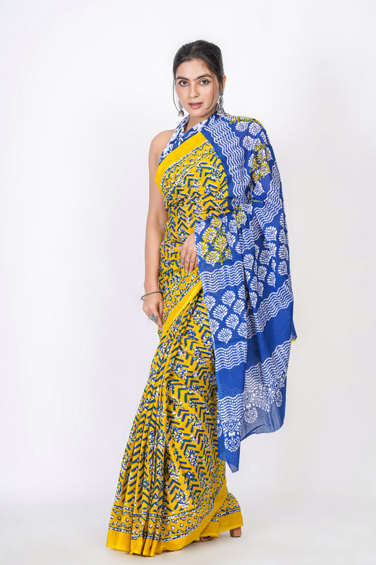 Bagru Print Mulmul Cotton Saree – Leaf Buti Print
