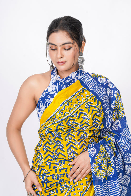 Bagru Print Mulmul Cotton Saree – Leaf Buti Print