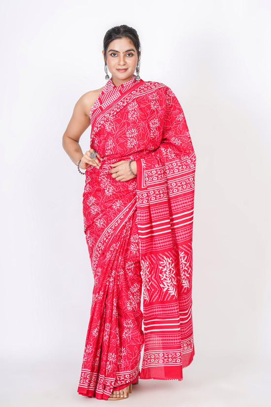 Bagru Print Mulmul Cotton Saree – Leaf Buti Print