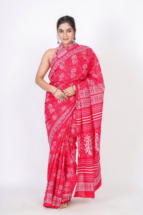 Bagru Print Mulmul Cotton Saree – Leaf Buti Print