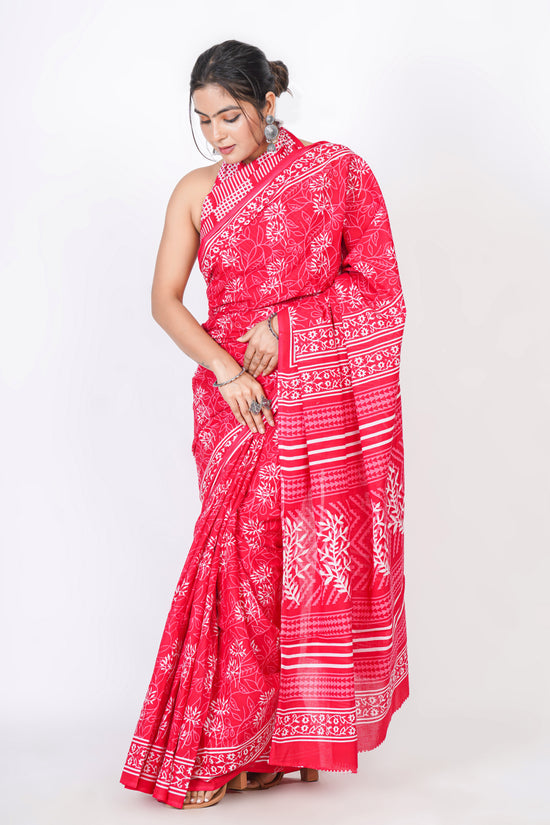 Bagru Print Mulmul Cotton Saree – Leaf Buti Print