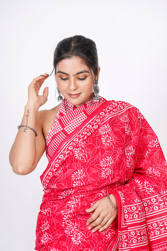 Bagru Print Mulmul Cotton Saree – Leaf Buti Print