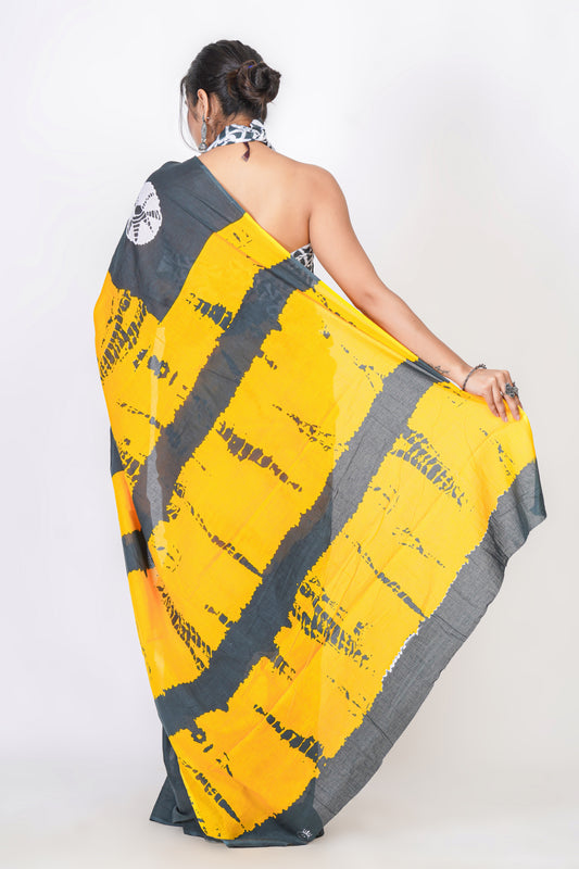 Bagru Print Mulmul Cotton Saree – Abstract Brush Print