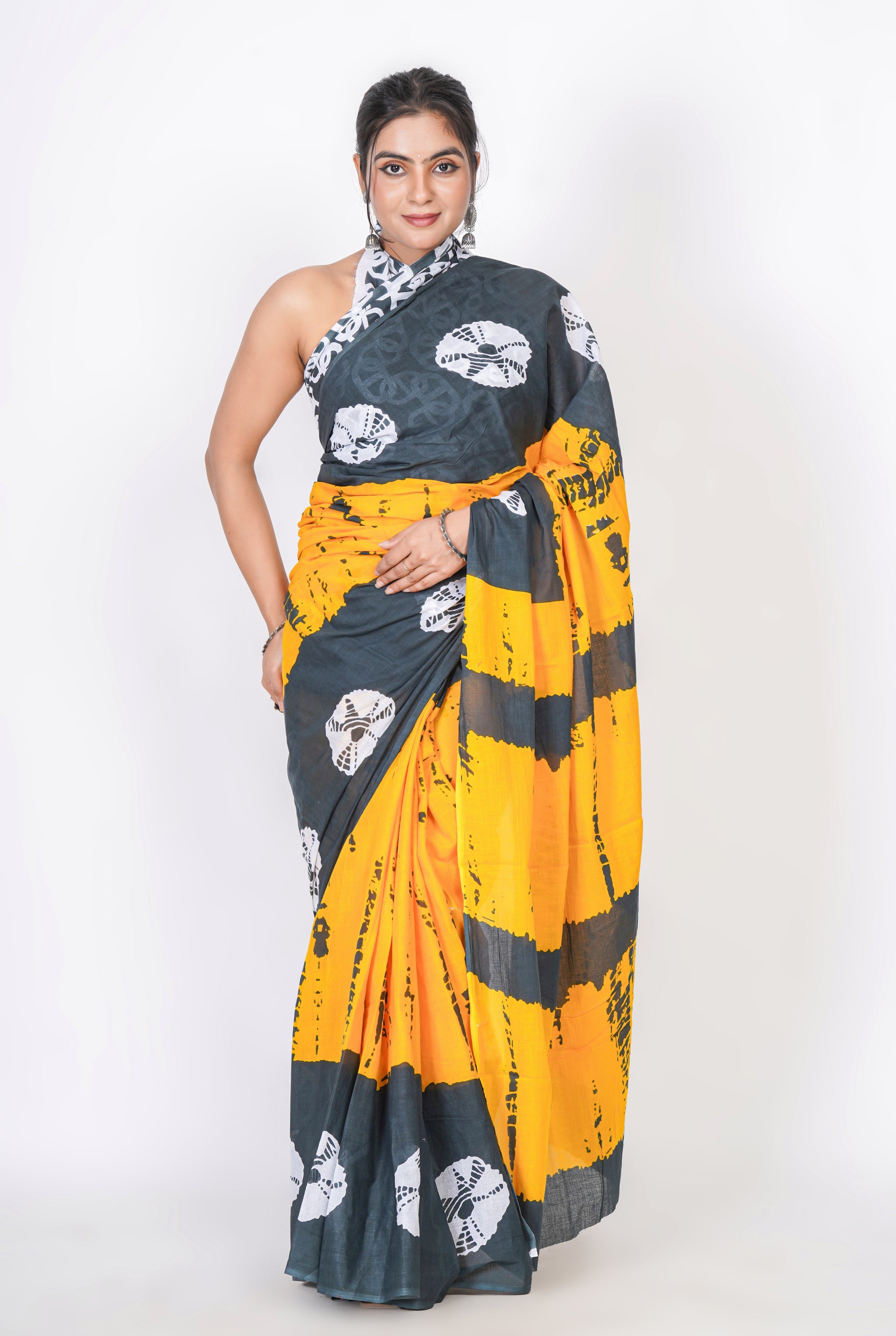 Bagru Print Mulmul Cotton Saree – Abstract Brush Print