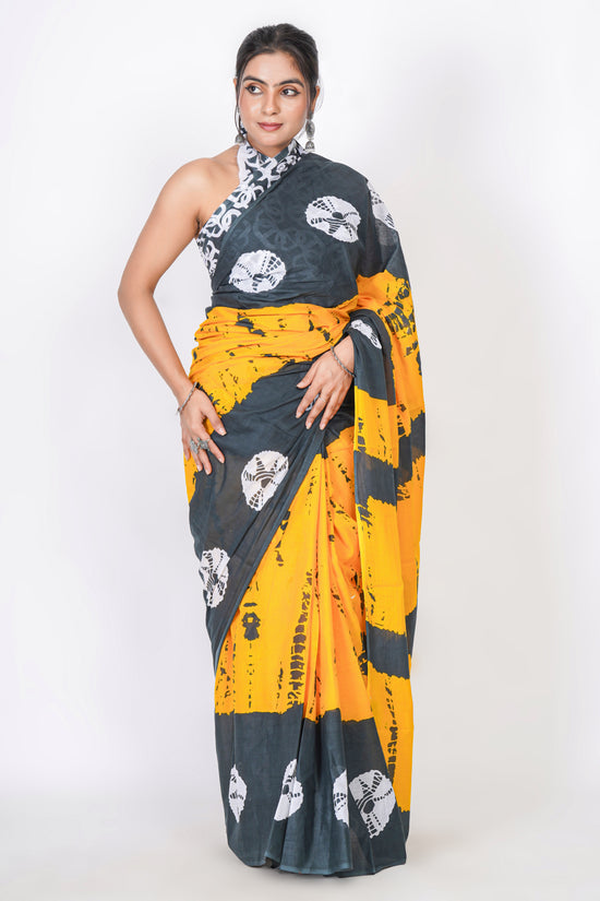 Bagru Print Mulmul Cotton Saree – Abstract Brush Print