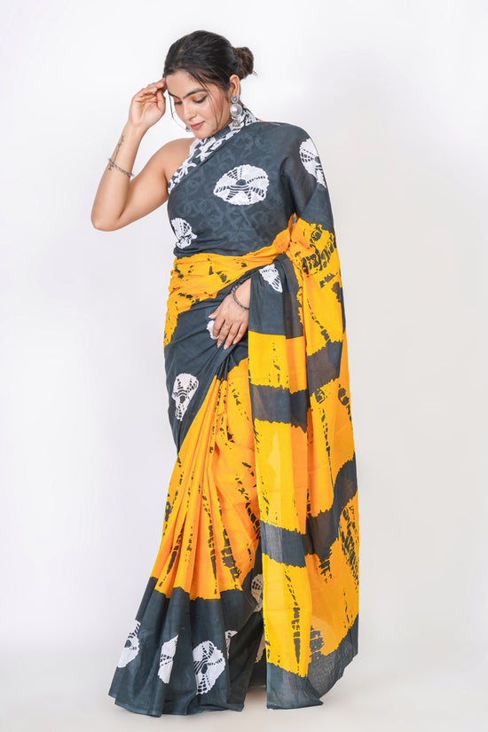 Bagru Print Mulmul Cotton Saree – Abstract Brush Print