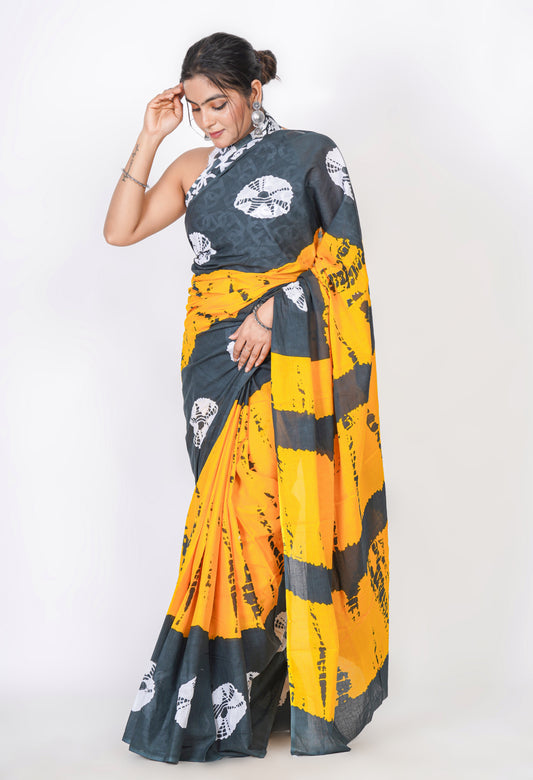 Bagru Print Mulmul Cotton Saree – Abstract Brush Print