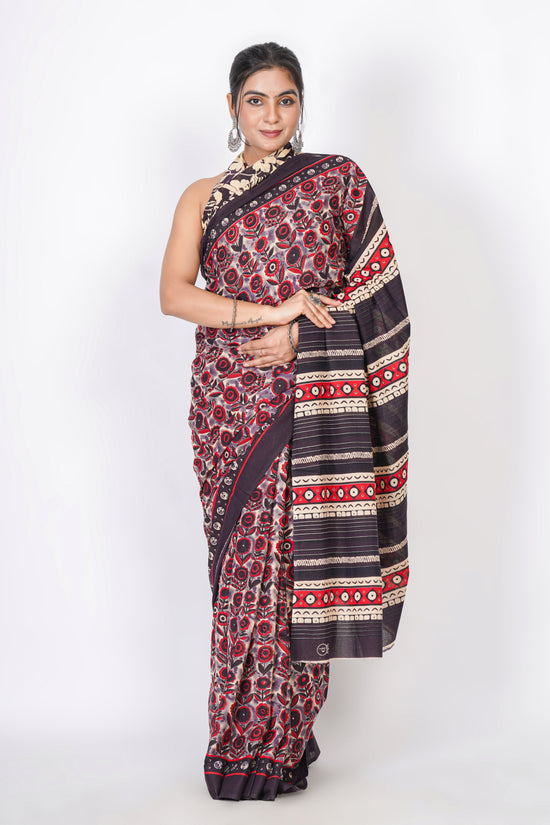 Bagru Print Mulmul Cotton Saree – Floral Buti Print
