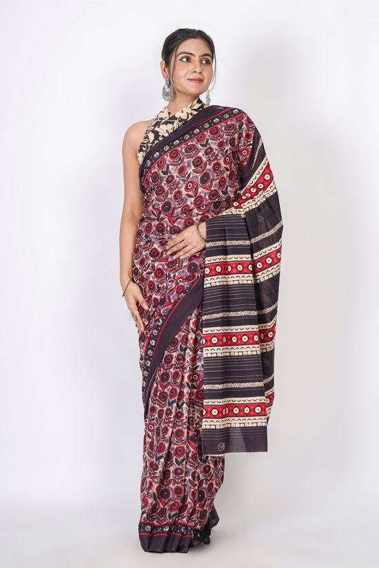 Bagru Print Mulmul Cotton Saree – Floral Buti Print