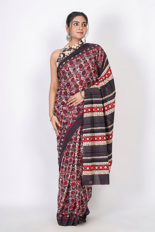 Bagru Print Mulmul Cotton Saree – Floral Buti Print