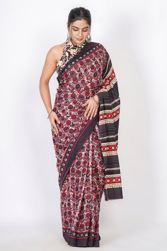 Bagru Print Mulmul Cotton Saree – Floral Buti Print