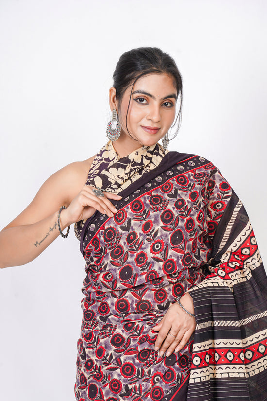 Bagru Print Mulmul Cotton Saree – Floral Buti Print