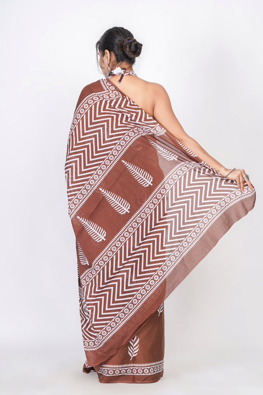 Bagru Print Mulmul Cotton Saree – Leaf Motif Print