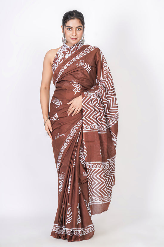 Bagru Print Mulmul Cotton Saree – Leaf Motif Print
