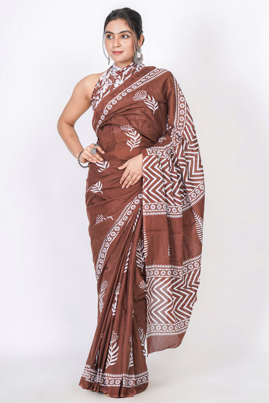 Bagru Print Mulmul Cotton Saree – Leaf Motif Print