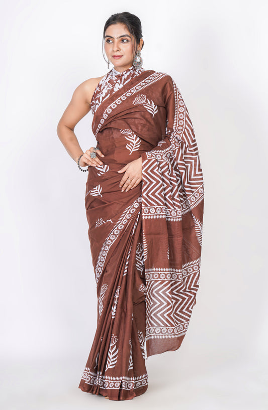 Bagru Print Mulmul Cotton Saree – Leaf Motif Print
