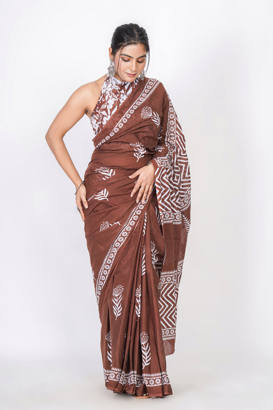 Bagru Print Mulmul Cotton Saree – Leaf Motif Print