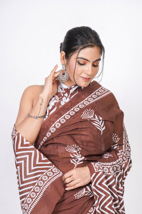 Bagru Print Mulmul Cotton Saree – Leaf Motif Print