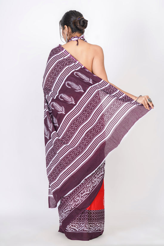 Bagru Print Mulmul Cotton Saree – Leaf Motif Print