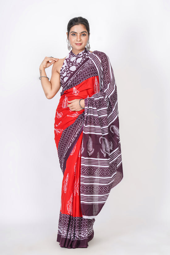 Bagru Print Mulmul Cotton Saree – Leaf Motif Print