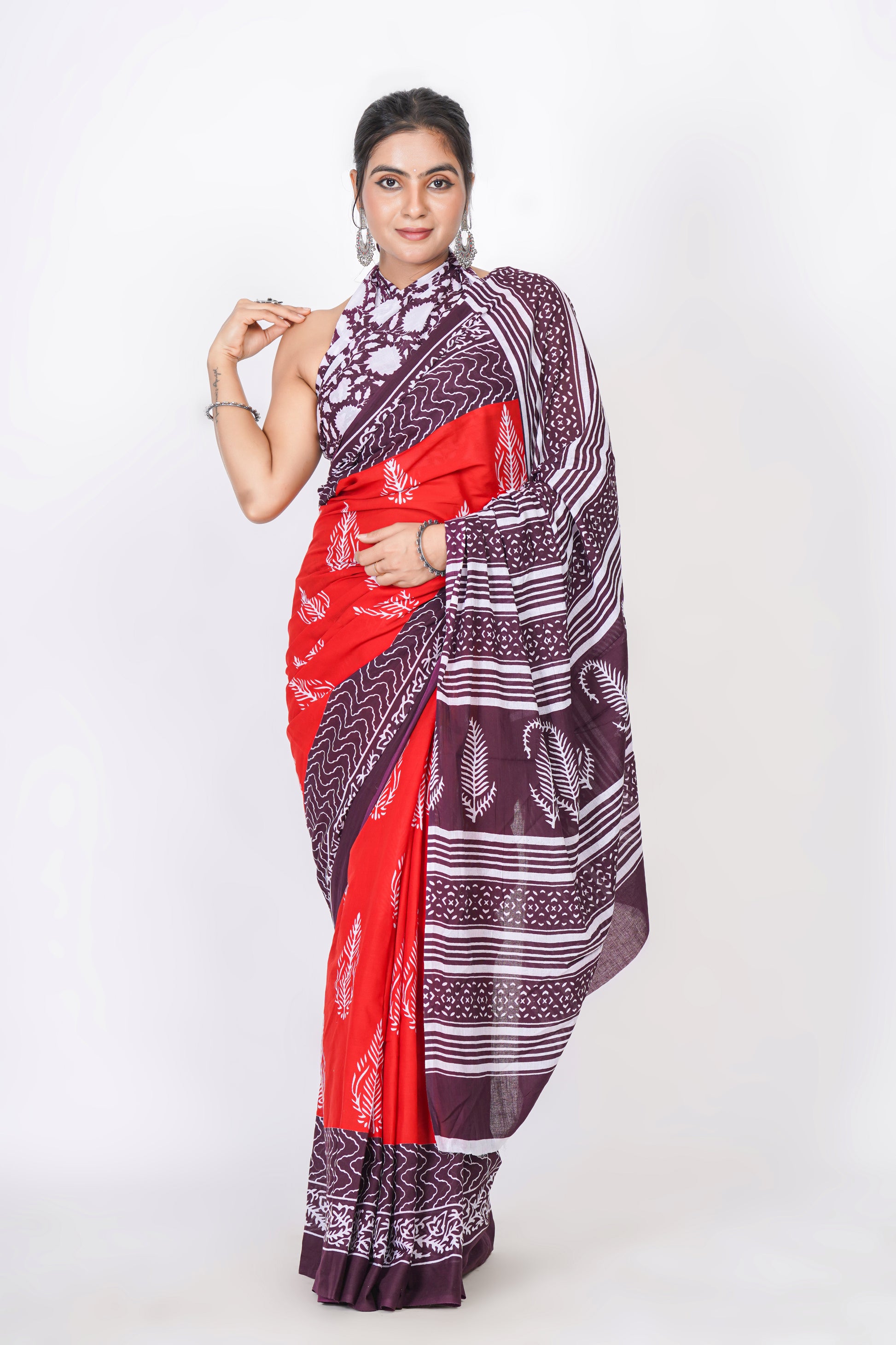 Bagru Print Mulmul Cotton Saree – Leaf Motif Print