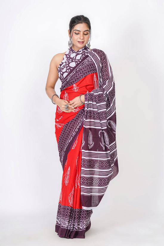 Bagru Print Mulmul Cotton Saree – Leaf Motif Print