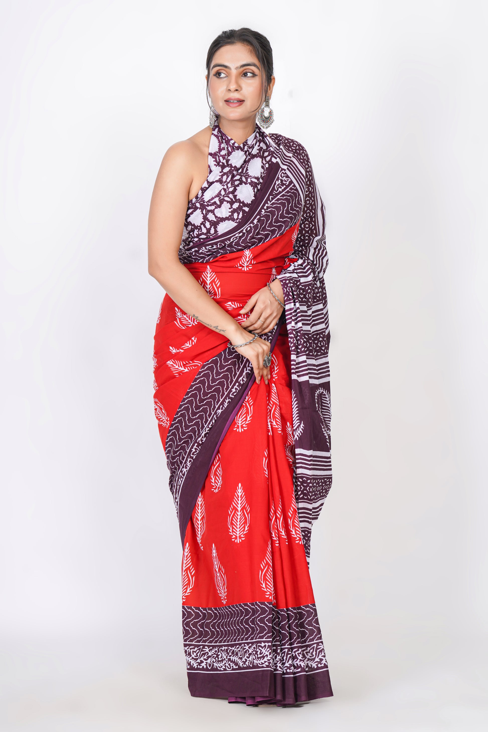 Bagru Print Mulmul Cotton Saree – Leaf Motif Print