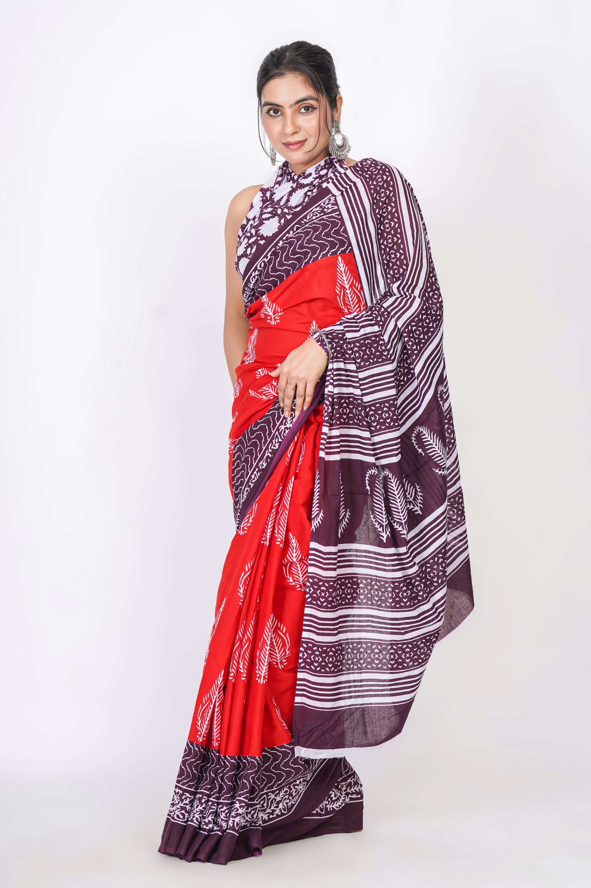 Bagru Print Mulmul Cotton Saree – Leaf Motif Print