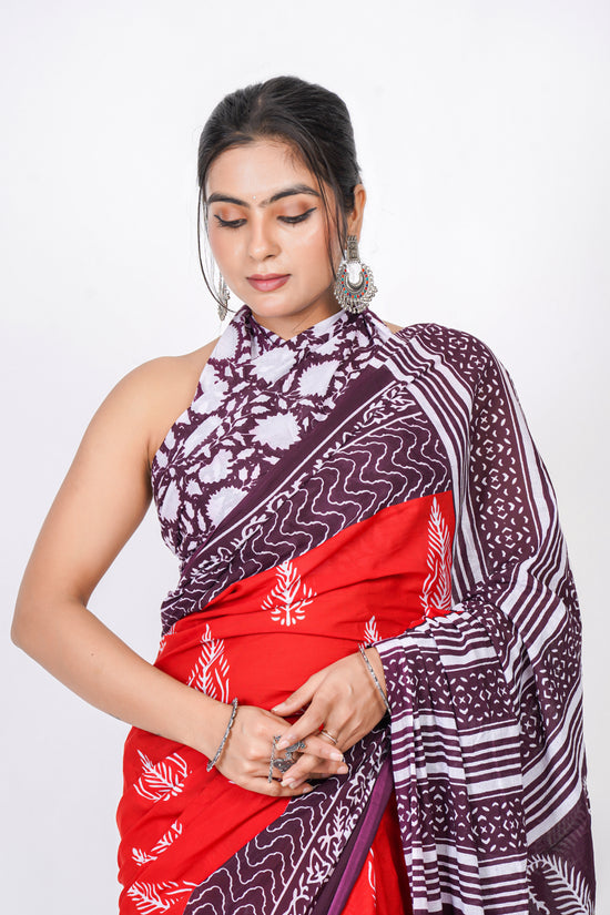 Bagru Print Mulmul Cotton Saree – Leaf Motif Print