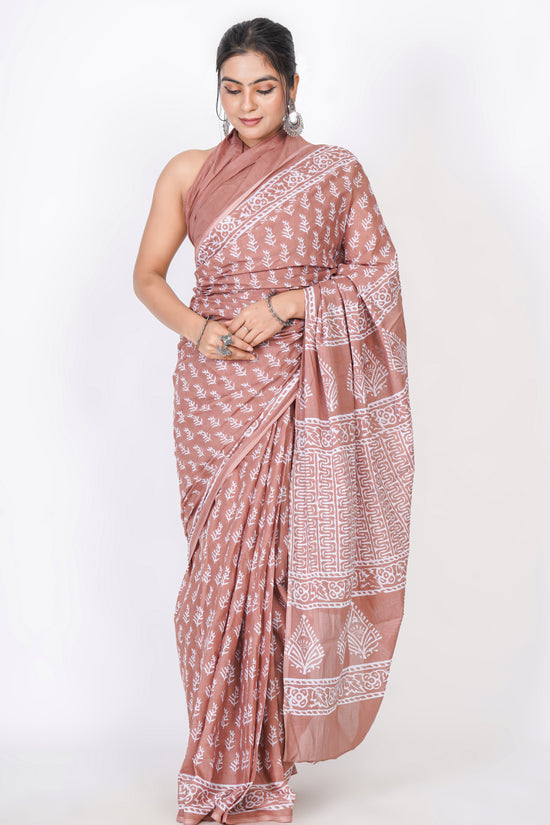 Bagru Print Mulmul Cotton Saree – Leaf Buti Print