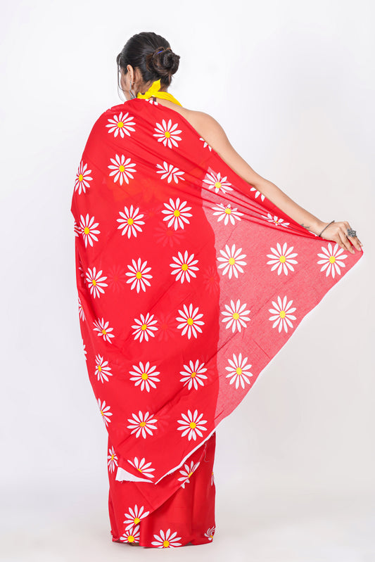 Bagru Print Mulmul Cotton Saree – Floral Buti Print