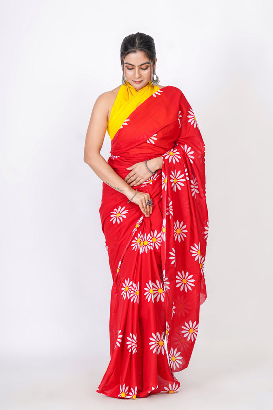Bagru Print Mulmul Cotton Saree – Floral Buti Print