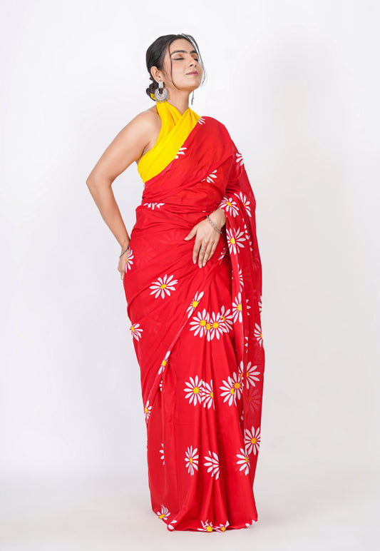 Bagru Print Mulmul Cotton Saree – Floral Buti Print