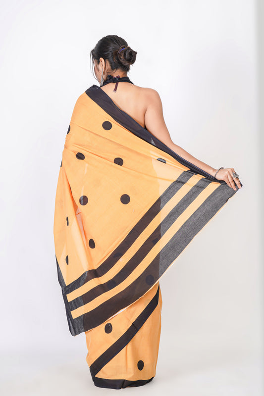 Bagru Print Mulmul Cotton Saree – Polka Dot Print