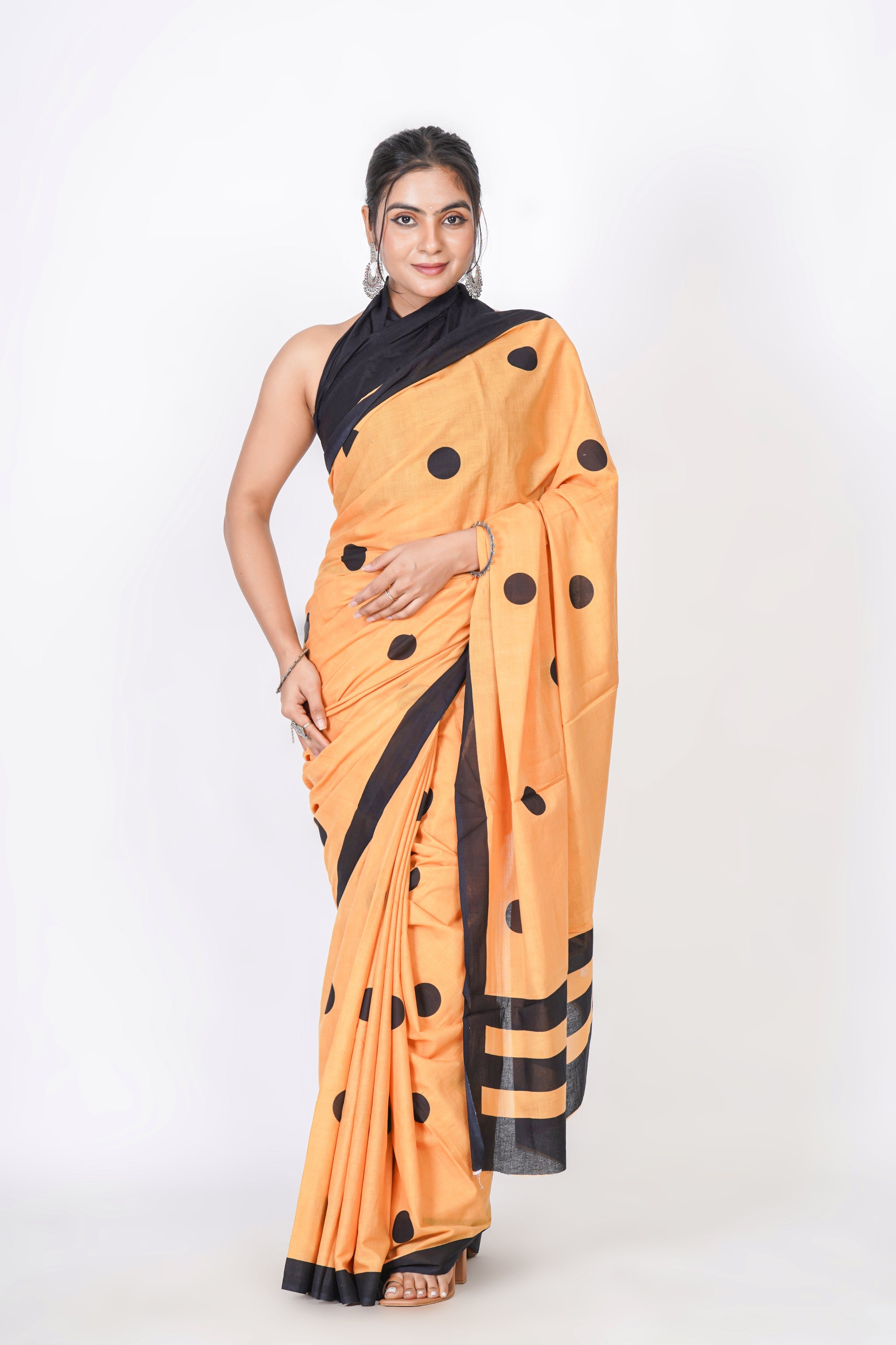 Bagru Print Mulmul Cotton Saree – Polka Dot Print