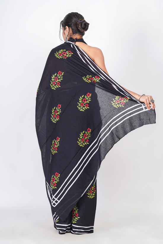Bagru Print Mulmul Cotton Saree – Floral Buti Print