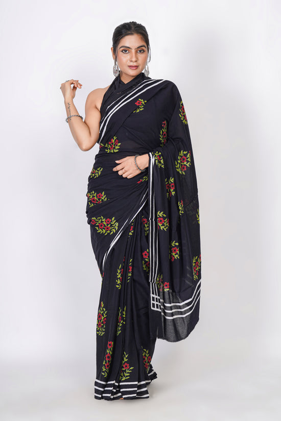 Bagru Print Mulmul Cotton Saree – Floral Buti Print