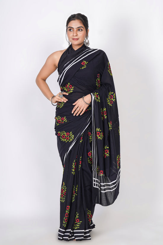 Bagru Print Mulmul Cotton Saree – Floral Buti Print