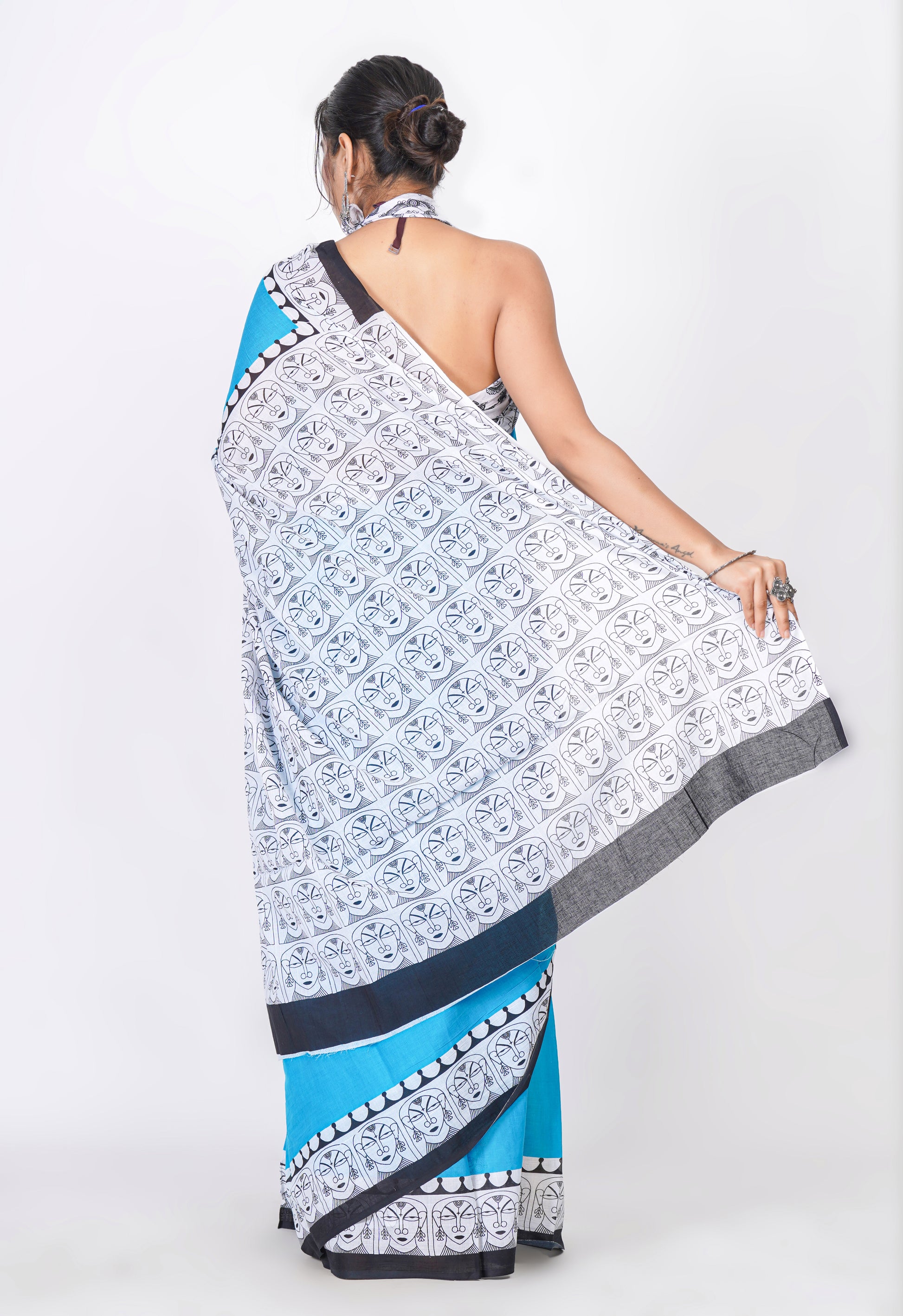 Bagru Print Mulmul Cotton Saree – Contemporary Face Print