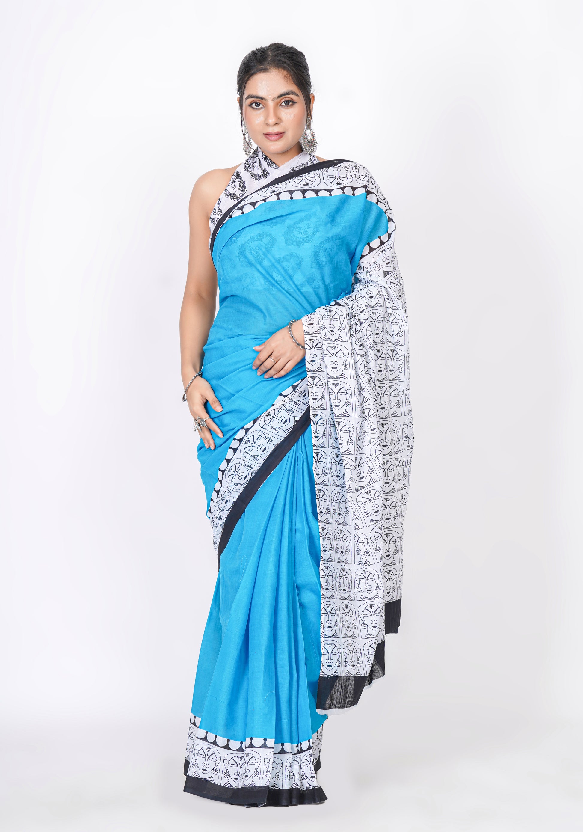 Bagru Print Mulmul Cotton Saree – Contemporary Face Print