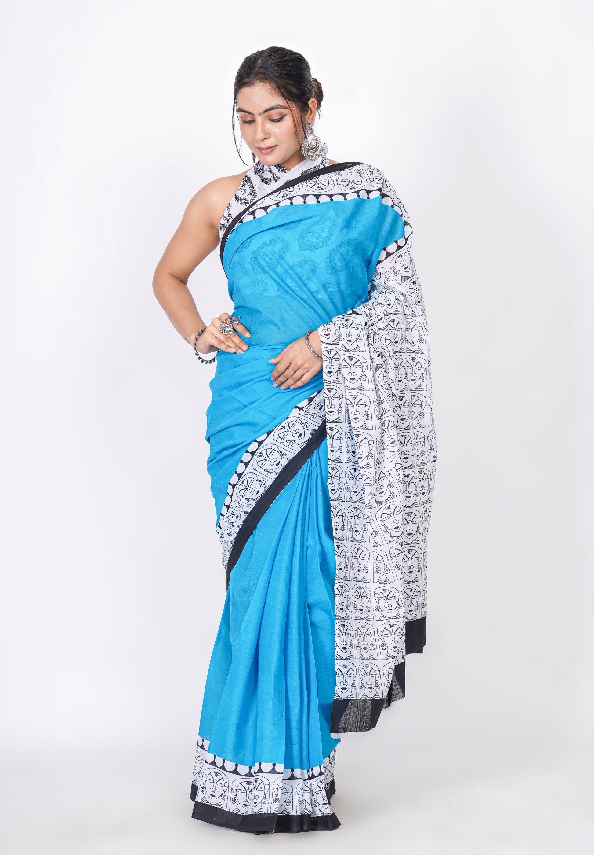 Bagru Print Mulmul Cotton Saree – Contemporary Face Print