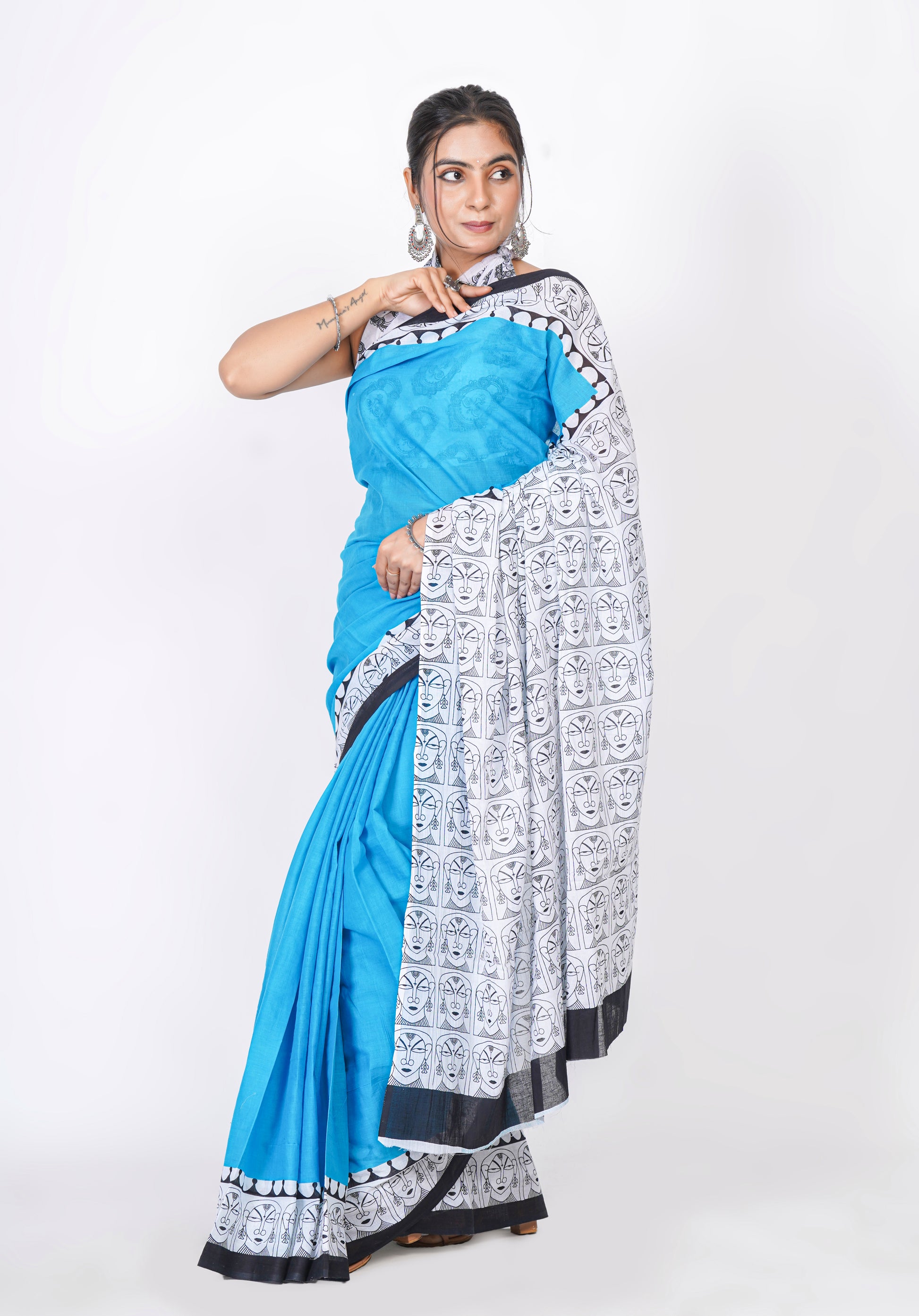 Bagru Print Mulmul Cotton Saree – Contemporary Face Print