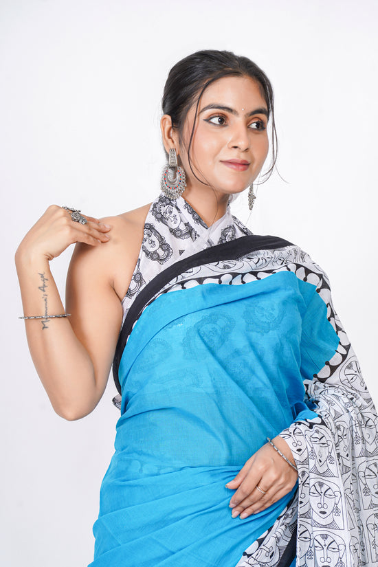 Bagru Print Mulmul Cotton Saree – Contemporary Face Print