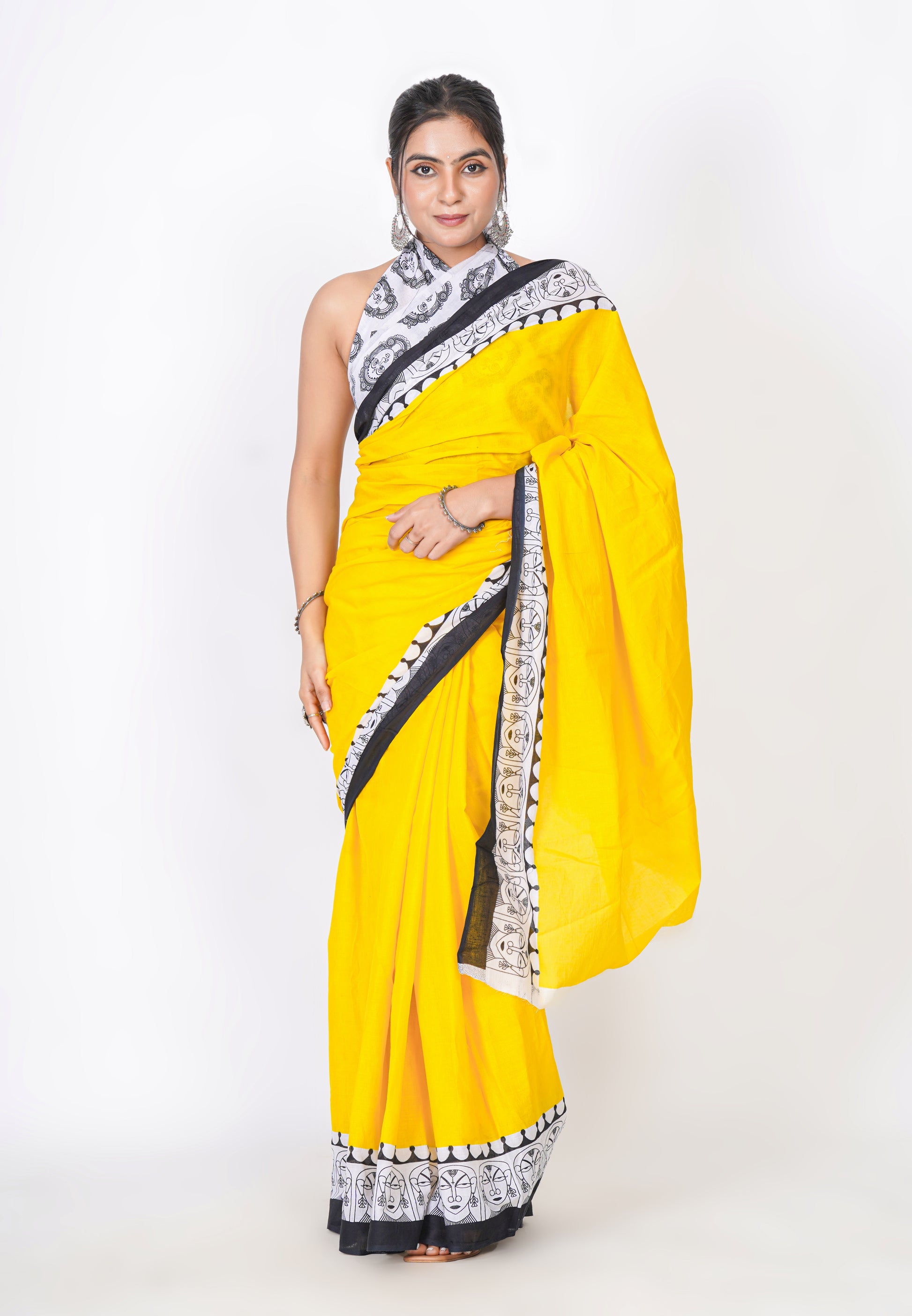 Bagru Print Mulmul Cotton Saree – Contemporary Face Print