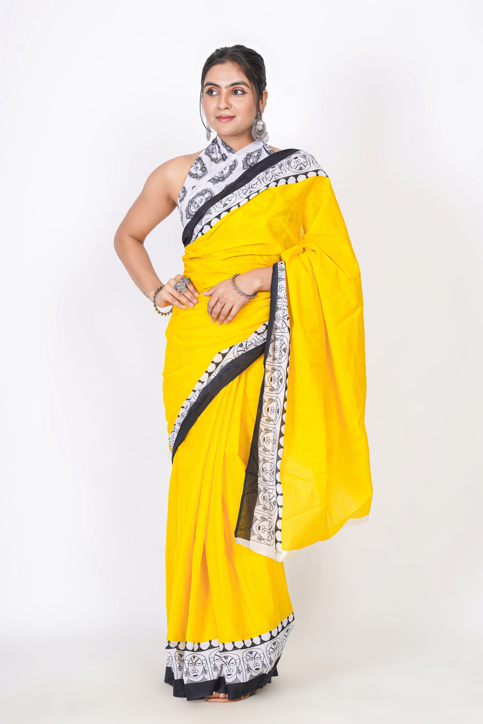 Bagru Print Mulmul Cotton Saree – Contemporary Face Print