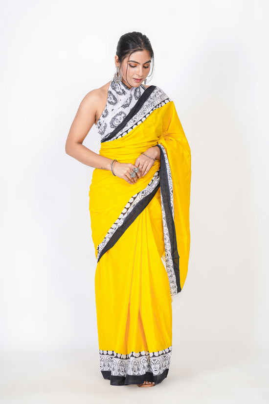 Bagru Print Mulmul Cotton Saree – Contemporary Face Print