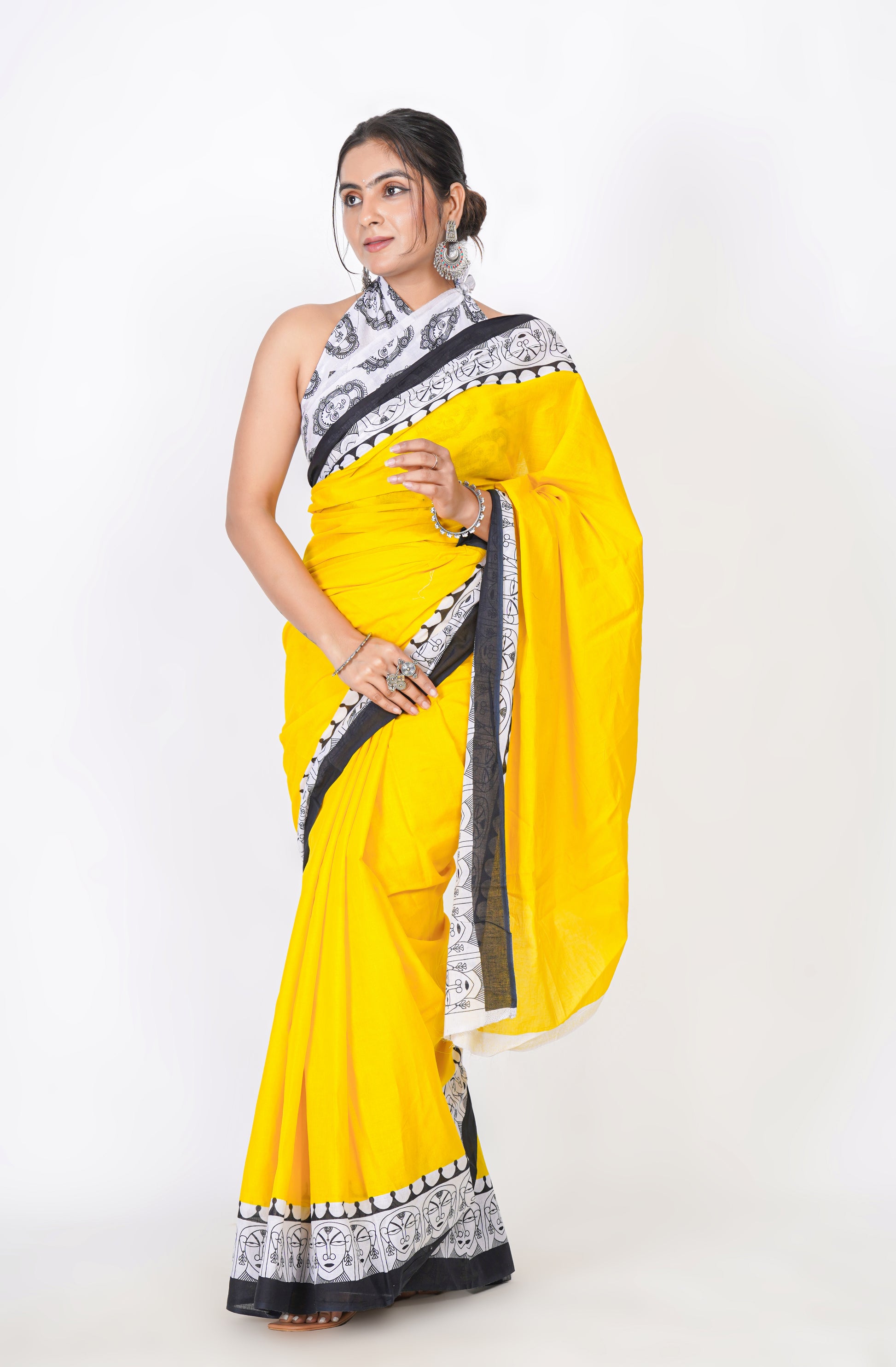 Bagru Print Mulmul Cotton Saree – Contemporary Face Print