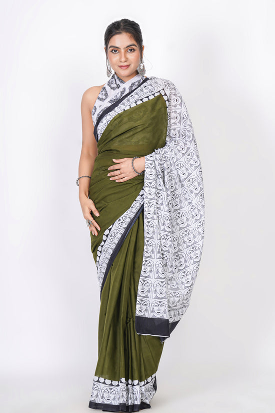 Bagru Print Mulmul Cotton Saree – Contemporary Face Print