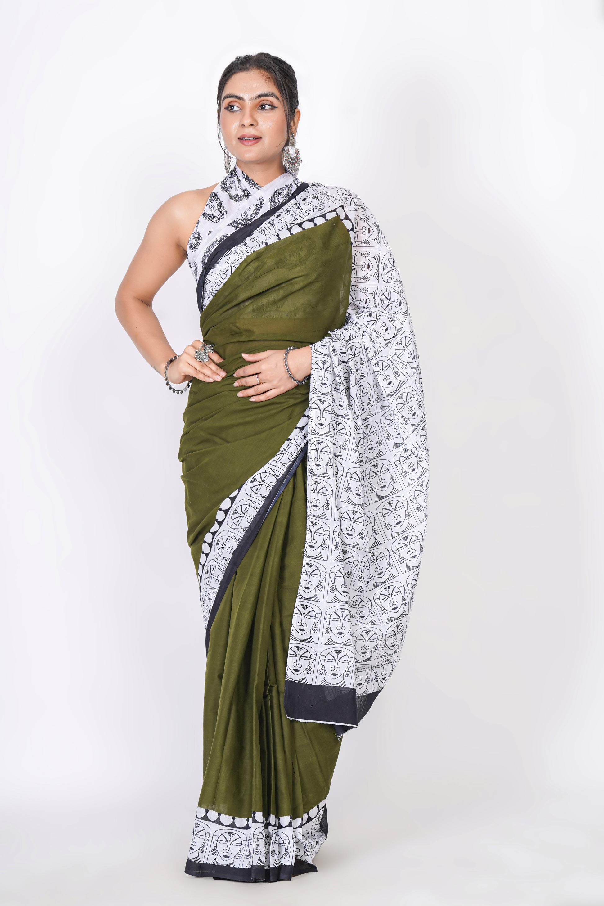 Bagru Print Mulmul Cotton Saree – Contemporary Face Print