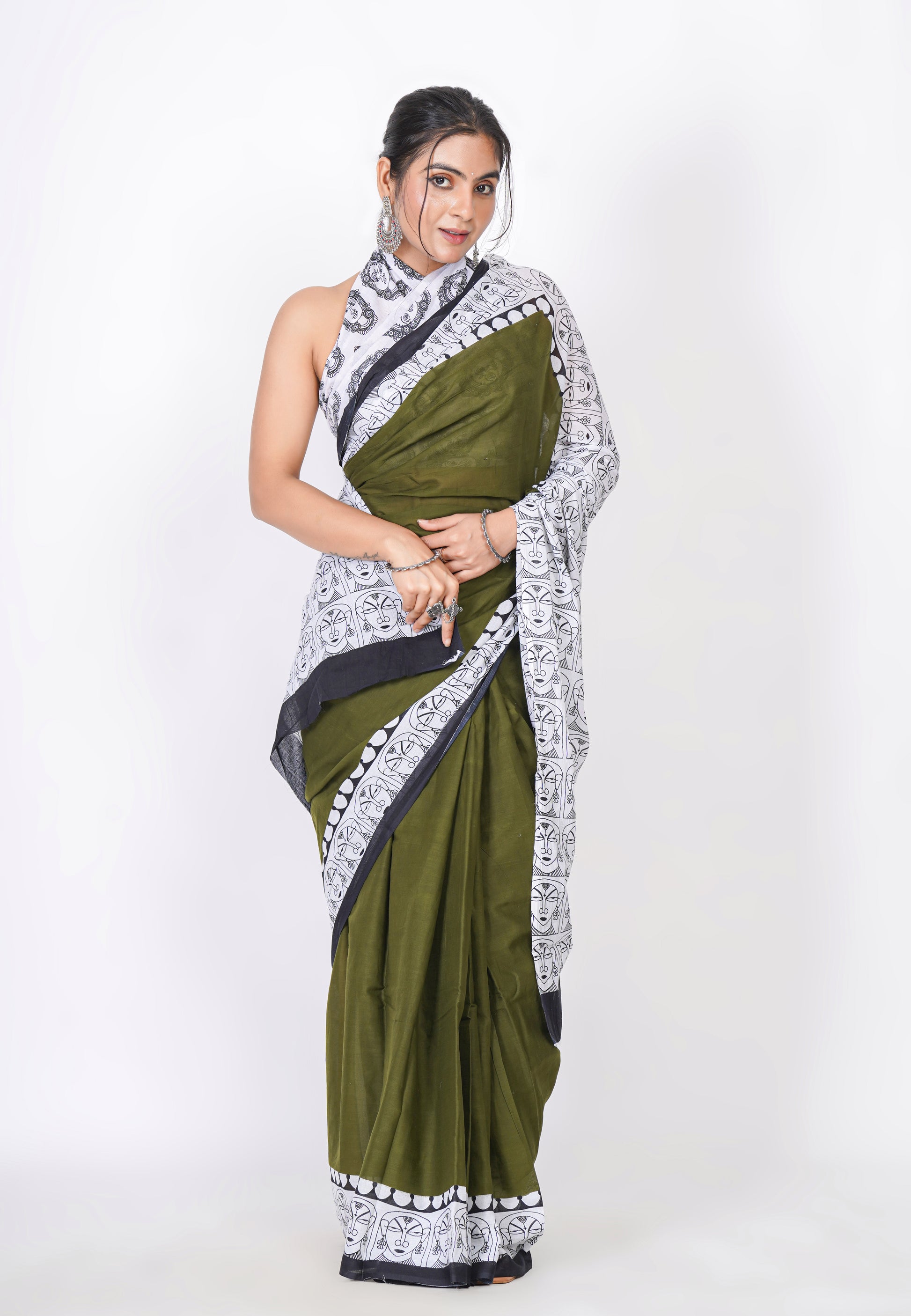 Bagru Print Mulmul Cotton Saree – Contemporary Face Print